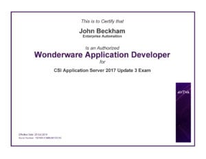 CERTIFICATE John Beckham Application Server 2017 R3 2019