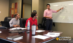 Team at white board discussing functional specifications